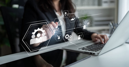 Business management system showing teamwork, productivity, and planning. Management supports goal,...