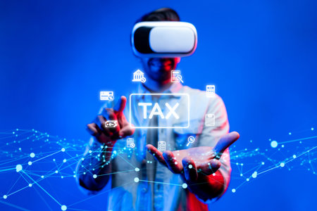 Explore innovative tax planning strategies showcased in virtual reality, enhancing user experience through modern technology and immersive data visualization for financial professionals.の写真素材
