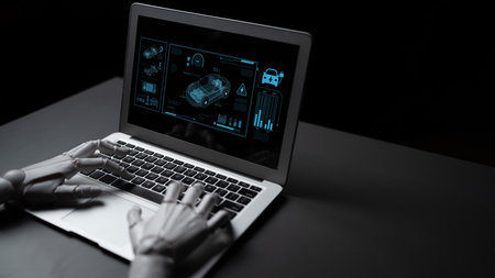 AI supports electric vehicle design by managing power systems, optimizing battery efficiency, enabling smart charging, and integrating renewable energy dataの写真素材