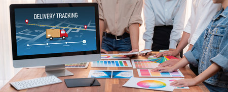 Delivery tracking system for e-commerce and brisk online business to timely goods transportation and deliveryの写真素材