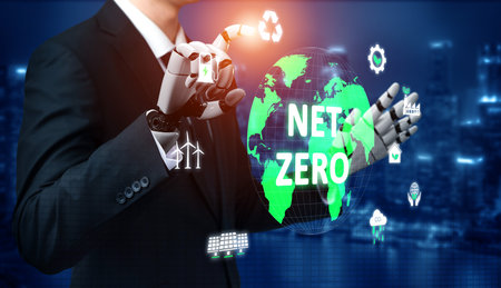 AI guides sustainability strategy with eco-intelligent tools and virtual assistants for achieving net zero goals and transforming digital business with green innovation. Vouchの写真素材