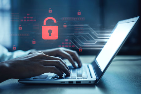 Digital security concept illustrating a cybersecurity breach, with a red unlocked padlock indicating data exposure among secure systems, emphasizing system vulnerability and riskの写真素材