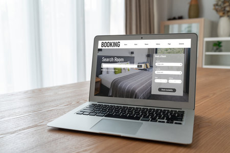 Online hotel accommodation booking website provide modish reservation system . Travel technology concept .の写真素材
