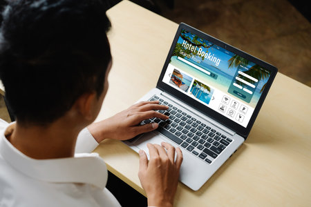 Online hotel accommodation booking website provide modish reservation system . Travel technology concept .の写真素材