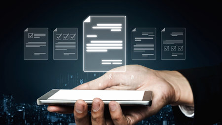 Online document management, cloud-based document access, secure digital file storage, paperless document workflow, and online document sharing for productivity and efficiency.の写真素材