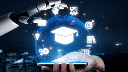 Online education boosts access to learning. Learn anytime through flexible platforms. Education technology transforms how we learn. Digital learning creates new education experiences worldwide.の写真素材