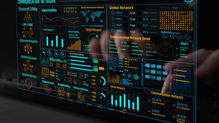 Data center monitoring dashboard visualize network performance, connection status, usage rate, and...