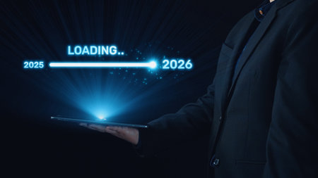 Visualizing the shift from 2025 to 2026. Progress bar symbolizing advancement, strategic foresight, yearly goal-setting, and business transformation for the upcoming year. Elideの写真素材