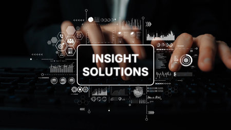 Professional Hands Typing on a Keyboard with Digital Data Visualization and Insight Solutions Concept. Asymptotic smart data analytic.の写真素材