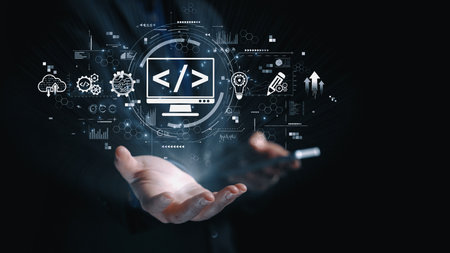 Modern web development concept featuring coding symbols, web development process, web development interface, and web development tools with futuristic design.の写真素材