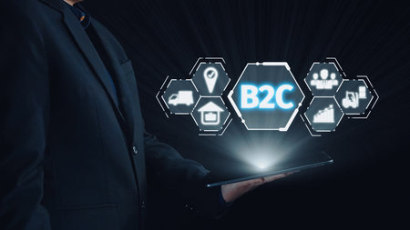 B2C strategy focus on delivery products directly to consumers. Successful B2C model enhance consumer engagement, streamline B2C logistics, and boost consumer satisfaction through digital retail.の写真素材
