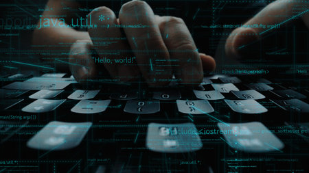 A close-up shot of hands typing on a laptop keyboard, surrounded by digital code and visual data,...