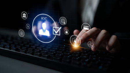 Digital KYC verification with biometric scan, ID authentication, and financial security icons representing identity verification, secure onboarding, fraud prevention, and complianceの写真素材