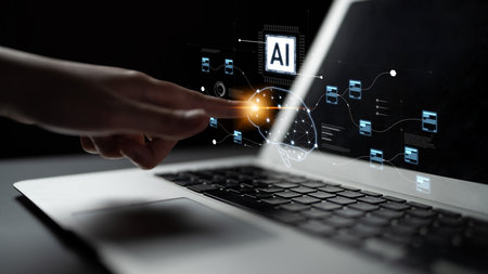 AI neural network and data processing system visualizing artificial intelligence with brain structure, chip, and connected data blocks for computation and learningの写真素材