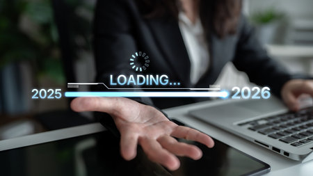 Visualizing the shift from 2025 to 2026. Progress bar symbolizing advancement, strategic foresight,...