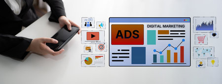Online ads and digital marketing help brands grow. Content marketing builds engagement. Marketing tools boost ROI. Effective ads and marketing drive online business success.の写真素材