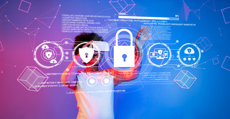 A dynamic visual representation of cyber security featuring virtual locks and protection symbols,...