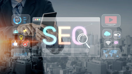 SEO concept for improving SEO visibility, with SEO related digital tools and SEO performance icons shown in an focused layout for strategic marketing.の写真素材