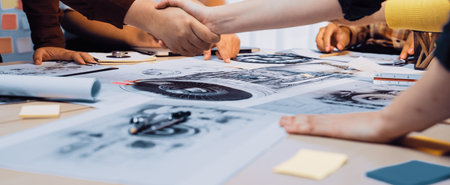 A close-up view of hands shaking in agreement over design sketches on a table. The scene depicts teamwork and collaboration in a vibrant workspace filled with creative materials.の写真素材