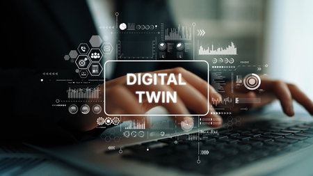 Business Professional Interacting with Digital Twin Technology, Data Visualization and Innovation Concepts in Modern Office Environment.の写真素材