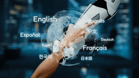 A human hand reaches out to a robotic hand above a globe, showcasing diverse languages. This image...