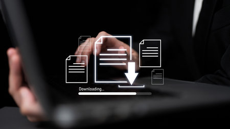 Visual representation of digital document downloading, showing file transfer, data access, and progress status for secure and efficient information retrievalの写真素材