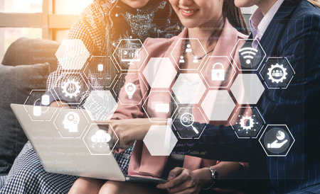 Hexagon interface combining AI, data, analytics, and cybersecurity. AI connects systems, data drives analytics, data supports decisions, and AI enables smart business infrastructure.の写真素材