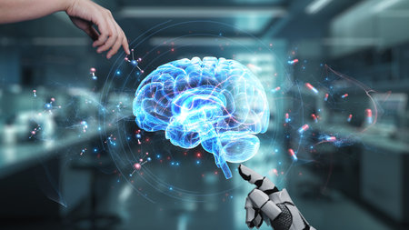 Robot and human reaching hand and pointing finger with brain icon floating. Close up of robotic hand...