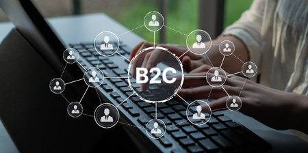 B2C strategy focus on delivery products directly to consumer. Successful B2C model enhance consumer engagement, streamline B2C logistics, and boost consumer satisfaction through digital retail.の写真素材