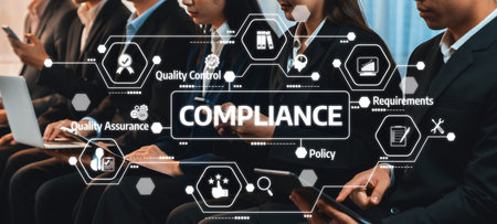 A group of professional individuals participates in compliance training, focusing on quality assurance and policy requirements illustrated with relevant icons in a modern corporate environment.の写真素材