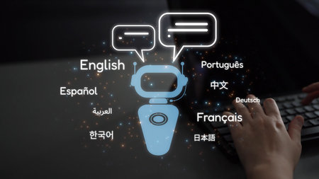 Global communication with multiple languages, digital translation tools, multilingual technology, cross-cultural communication, and virtual language learning environments.の写真素材