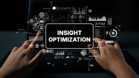 Hands Typing on Keyboard Surrounded by Data Analytics and Insight Optimization Graphics for Business Improvement. Asymptotic smart data analytic.の写真素材