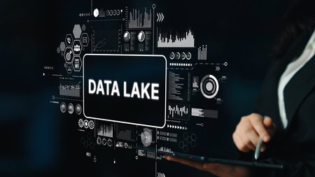 Business Professional Presenting Data Lake Concept with Digital Analytics Interface on Dark Background. Asymptotic smart data analytic.の写真素材