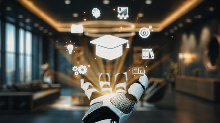 A futuristic robotic hand interacts with glowing icons related to education and technology in a sleek modern office, symbolizing innovation and advancement in learning.の写真素材