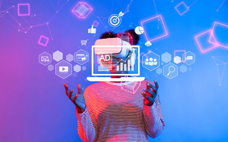 A vibrant visual representation of online marketing concepts featuring a young individual using virtual reality. Symbols of social media and analytics create a modern digital atmosphere.の写真素材