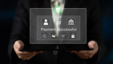 Successful transaction message showing secure payment. Payment confirmed, secured, payment processed, and payment completed with trust and transaction integrity.の写真素材