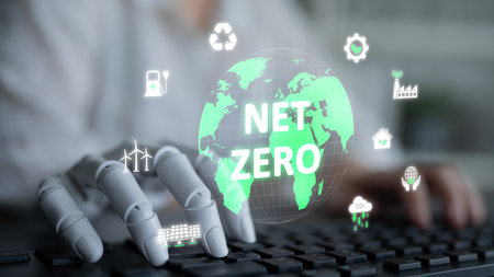 AI guides sustainability strategy with eco-intelligent tools and virtual assistants for achieving net zero goals and transforming digital business with green innovation.の写真素材