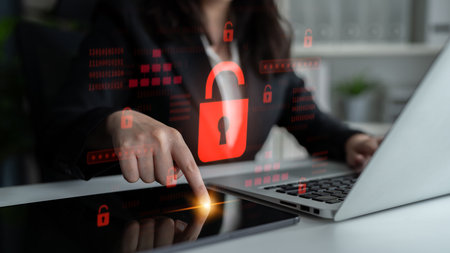 Digital security concept illustrating a cybersecurity breach, with a red unlocked padlock indicating data exposure among secure systems, emphasizing system vulnerability and riskの写真素材