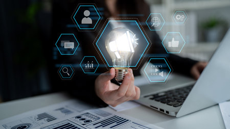 Digital marketing promotion strategy using megaphone, social media marketing, digital ads video content, communication, analytics, and global branding advertisement for business outreachの写真素材