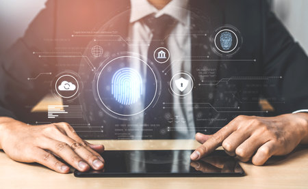 Biometric identity system using fingerprint and facial recognition to secure cloud access, protect sensitive data, and authenticate users in digital platformsの写真素材