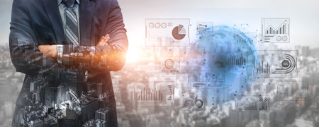 Real-time global data analytics dashboard visualizing insights from interconnected systems for decision-making, business analytics, and digital transformationの写真素材