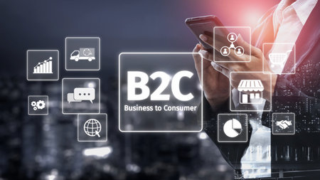 B2C strategy focus on delivery products directly to consumers. Successful B2C model enhance consumer engagement, streamline B2C logistics, and boost consumer satisfaction through digital retail.の写真素材