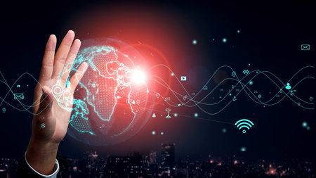 A person engages with a holographic projection of Earth, surrounded by digital elements, symbolizing...