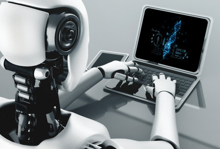 Robot humanoid use laptop and sit at table in future office while using AI thinking brain , artificial intelligence and machine learning process . 4th fourth industrial revolution 3D illustration.の写真素材