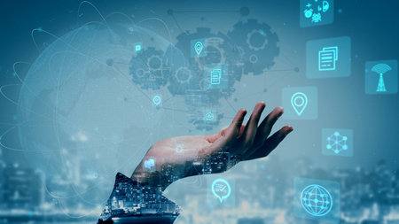 A conceptual image showcasing a hand reaching out to interact with digital icons and interfaces, symbolizing the future of technology, connectivity, and innovation in a global landscape.の写真素材