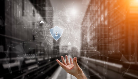 Cyber security interface with biometric and AI-powered protection system. Cyber security secures access, cybersecurity protects identity, cybersecurity detects threats, and defends data. Vouchの写真素材