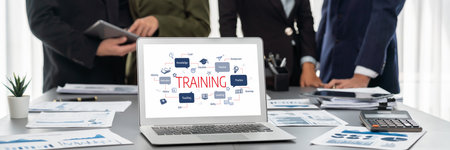 Panorama shot analyst team utilizing BI to analyze financial report with laptop. Businesspeople analyzing BI data dashboard displayed on laptop screen for business insight.の写真素材