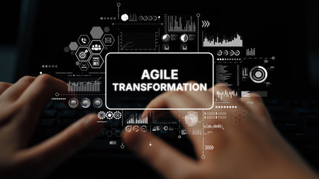 Hands on Keyboard with Data Visualizations and Text Agile Transformation Signifying Digital Change in Business. Asymptotic smart data analytic.の写真素材