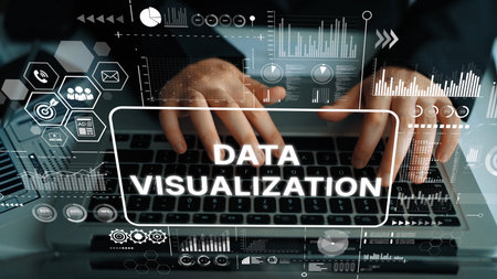 Detailed Data Visualization Concept with Hands on Keyboard and Graphical Elements Representing...