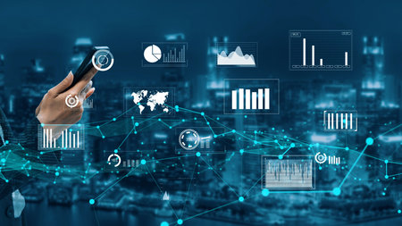 A professional holds a smartphone amidst digital graphs and charts, representing modern business analytics against a vibrant city background, symbolizing data-driven decisions.の写真素材